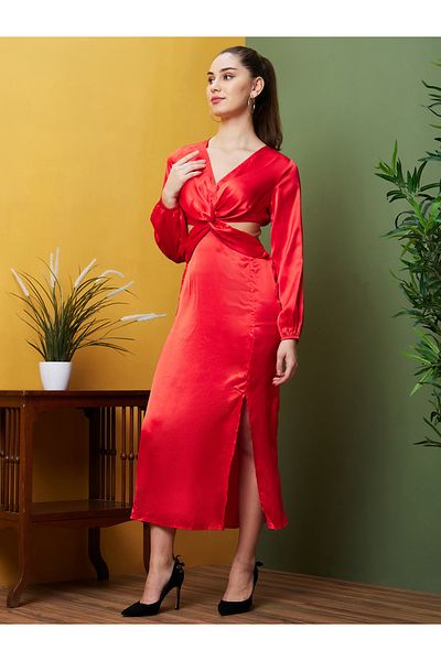 Globus By Styli Women Red Solid Cut Out Sheath Midi Dress with Twist Front