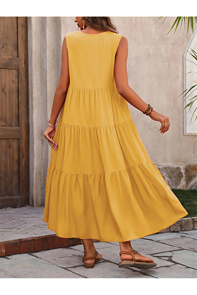 Take Two By Styli Solid V-Neck Ruffle Hem Midi Dress