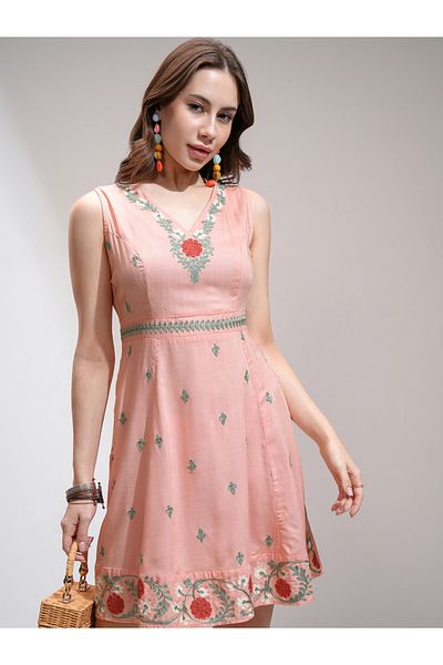 Vishudh By Styli Women Embroidered V Neck A-Line Mini Dress