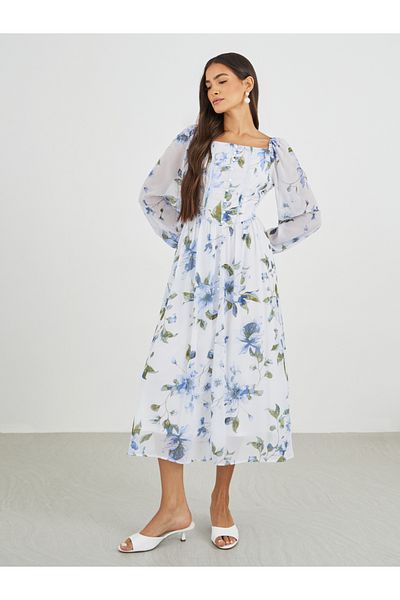 Styli Floral Print Balloon Sleeves A-Line Midi Dress