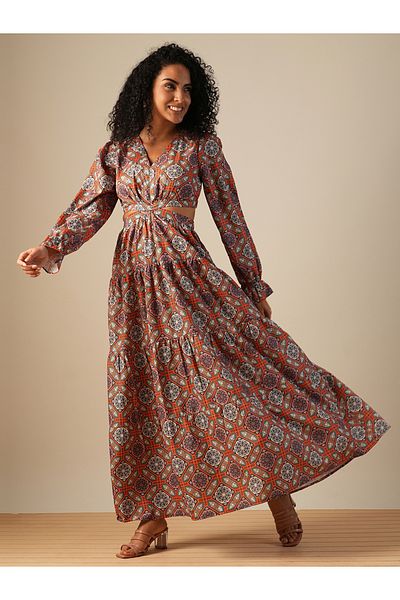 Globus By Styli Women All-Over Print V Neck Tiered Maxi Dress with Cut Out Detail