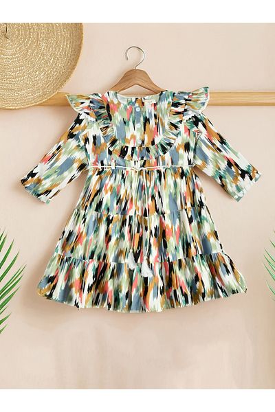 Bella Moda By Styli Abstract Print Ruffle Trim Tiered Dress with 3/4 Sleeves