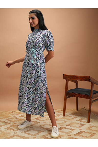 Vishudh By Styli Women Floral Printed Puff Sleeves A-Line Midi Dress