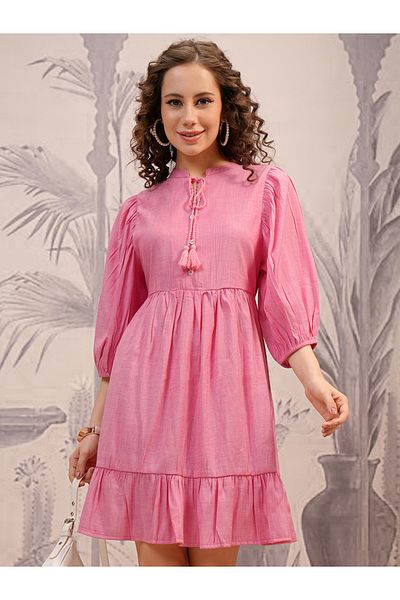 Vishudh By Styli Women Pink Solid Tie-Up Neck A-Line Mini Dress