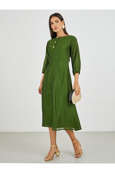 Maxim Creation By Styli Solid Round Neck A-Line Midi Dress with Button Detail