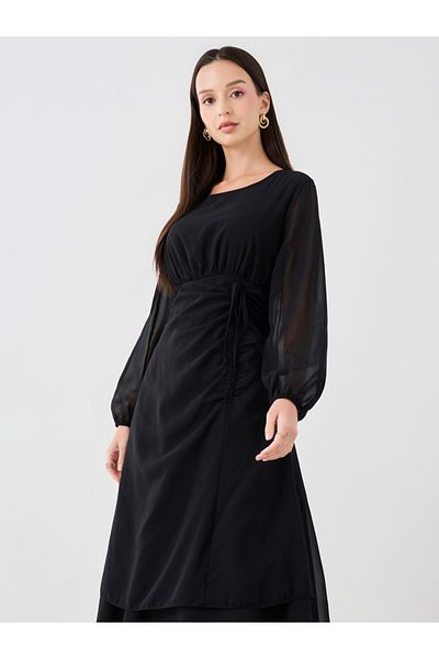 Styli Solid Gathered Detail Round Neck Maxi Dress