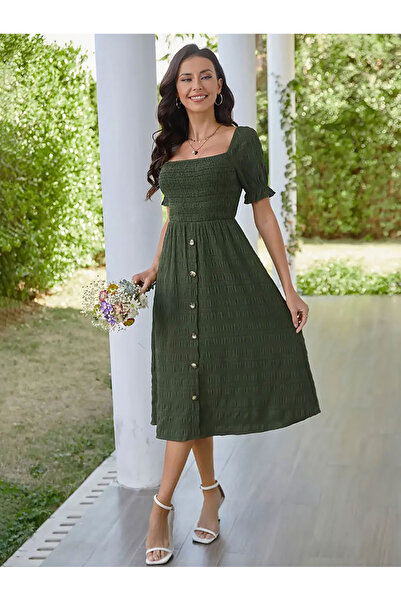 Take Two By Styli Solid Short Sleeve Knee Length Dress with Smocked Detail