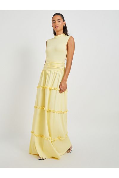 Styli Yellow Solid Sleeveless Ruched Detail Tiered Maxi Dress