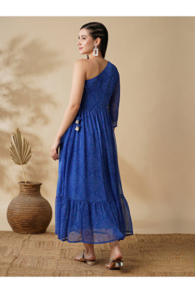 Globus By Styli Women Blue Bandhani Print One Shoulder A-Line Maxi Dress with Sequin Detail