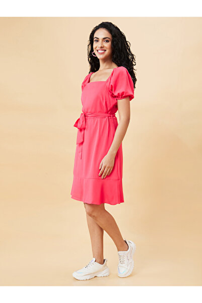 Globus By Styli Women Pink Solid Square Neck A-Line Knee-Length Dress