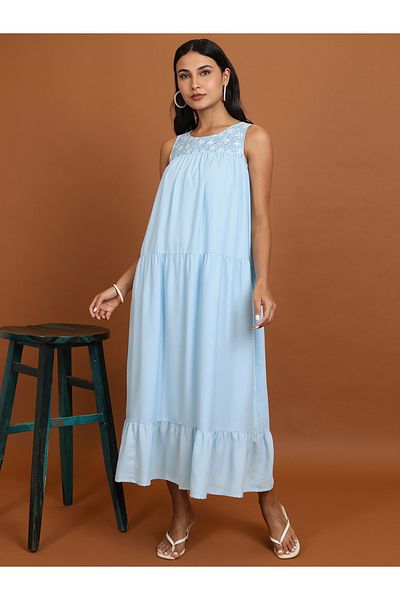 Vishudh By Styli Women Blue Embroidered Sleeveless A-Line Maxi Dress