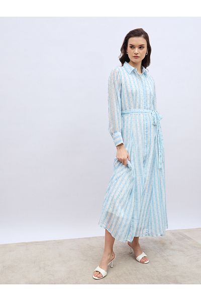 Styli Women Blue Striped Dobby Shirt Maxi Dress with Tie Belt