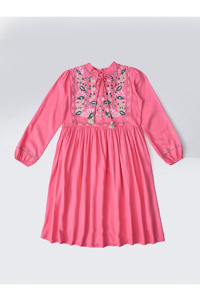 Bella Moda By Styli Embroidered Tie-Up Neck Knee-Length Dress