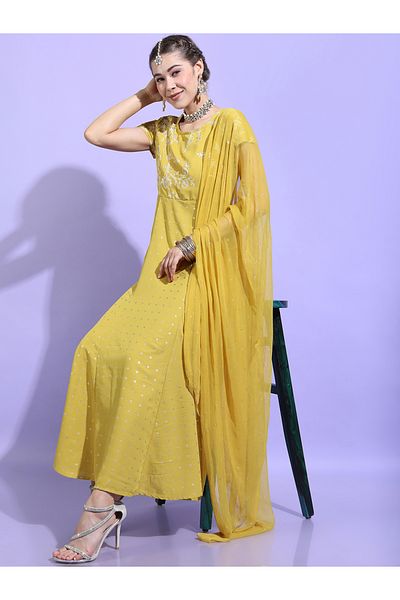 Vishudh By Styli Printed Short Sleeves A-Line Maxi Dress with Dupatta
