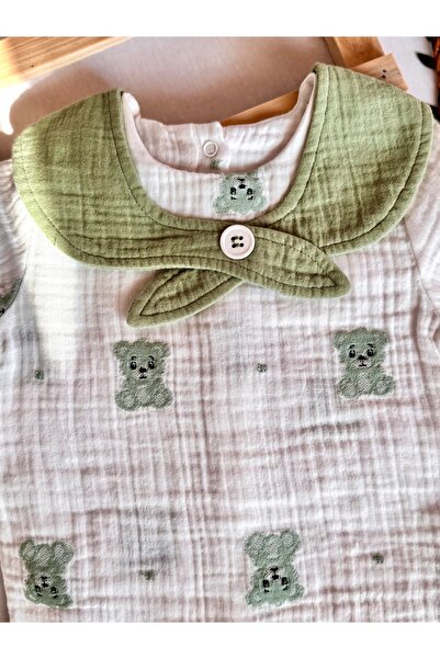 KapsülBebek 100% Organic Cotton Muslin Unisex Baby Summer Set of 2 – Green Teddy Bear Patterned Scarf Collar