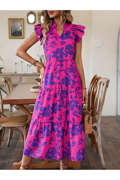 Take Two By Styli Floral Print Ruffled Sleeve Tiered Midi Dress