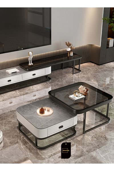 sharpdo Modern Nesting Table Set, Minimalist Living Room Coffee Table Set, Square-shaped End Table