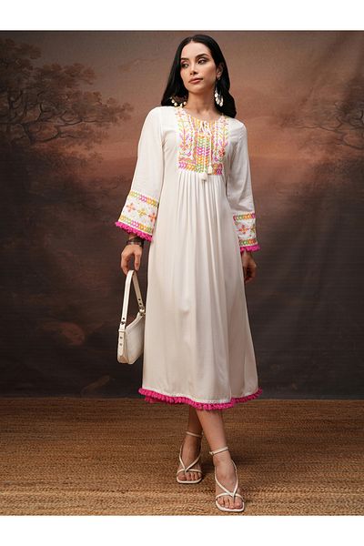 Vishudh By Styli Women Embroidered Tie-Up Neck A-Line Midi Dress