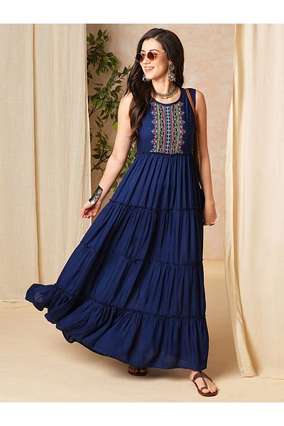 Globus By Styli Women Embroidered Yoke Sleeveless Tiered Maxi Dress