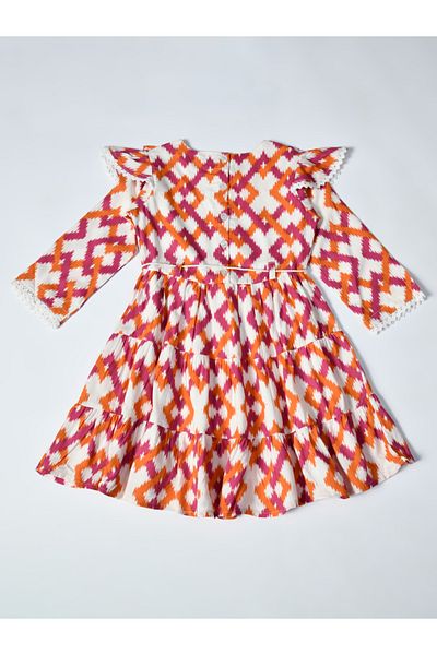 Bella Moda By Styli All-Over Print Ruffle Trim Tiered Dress with 3/4 Sleeves