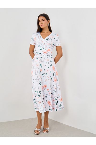 Styli Floral Print Short Sleeves A-Line Midi Dress