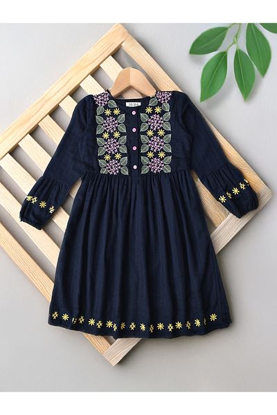 Bella Moda By Styli Embroidered 3/4 Sleeves Cotton Dress with Button Front