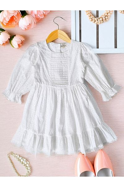 Bella Moda By Styli Solid Schiffli Pintuck Detail Dress with 3/4 Sleeves