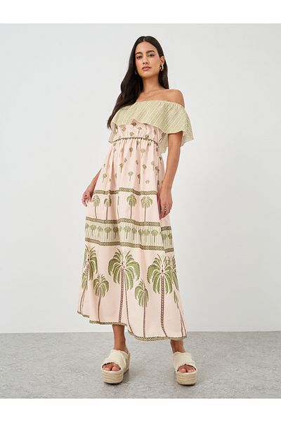 Styli Printed Off Shoulder A-Line Maxi Dress