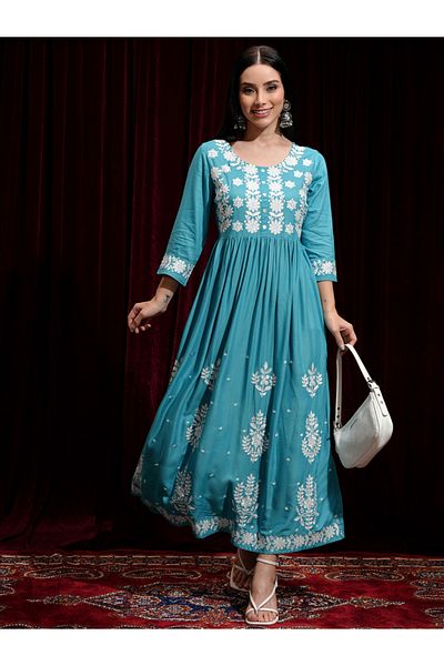 Vishudh By Styli Women Embroidered Round Neck A-Line Midi Dress