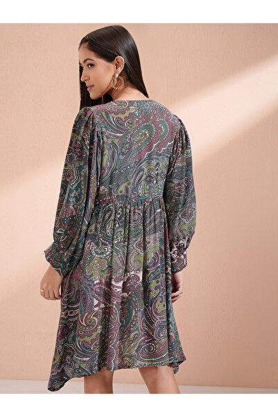 Vishudh By Styli Women Paisley Print Tie-Up Neck A-Line Knee-Length Dress