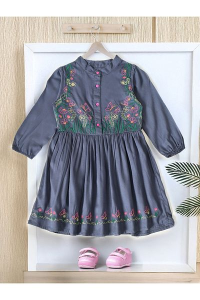 Bella Moda By Styli Embroidered Mandarin Collar Knee-Length Dress