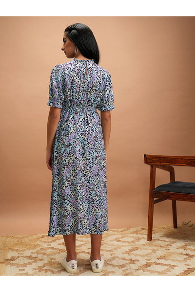 Vishudh By Styli Women Floral Printed Puff Sleeves A-Line Midi Dress