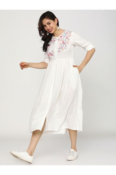 Vishudh By Styli Embroidered Round Neck A-Line Midi Dress with Button Front