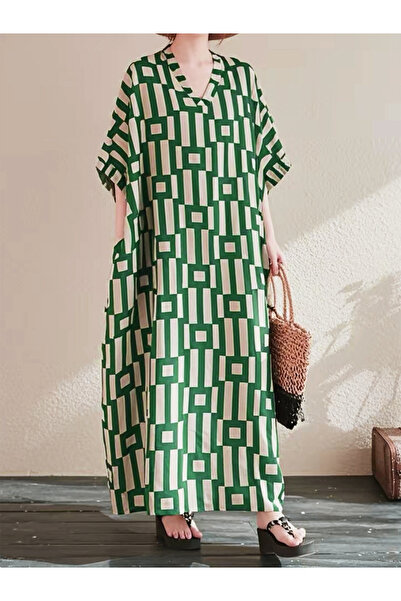 Take Two By Styli Women Geometric Print V Neck Short Sleeve Kaftan