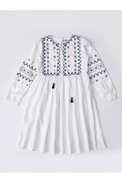 Bella Moda By Styli Embroidered Tie-Up Neck Knee-Length Dress