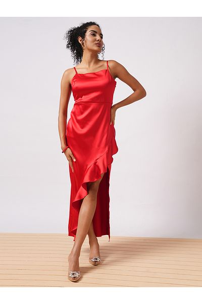 Globus By Styli Women Red Solid Satin Asymmetric Hem Sheath Maxi Dress with Ruffle Detail