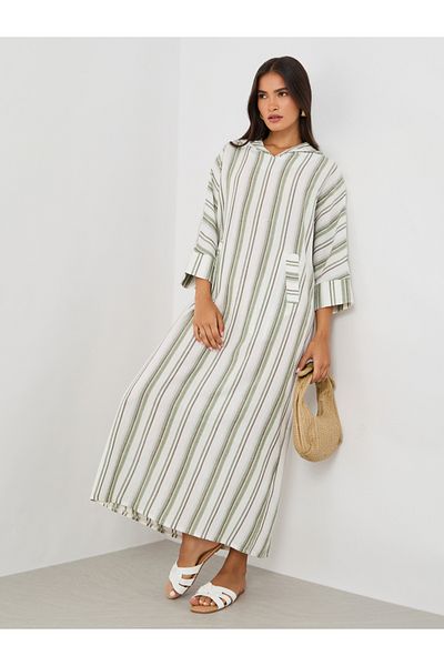 Keenly By Styli Striped Hooded Pocket Detail Long Sleeve Jalabiya