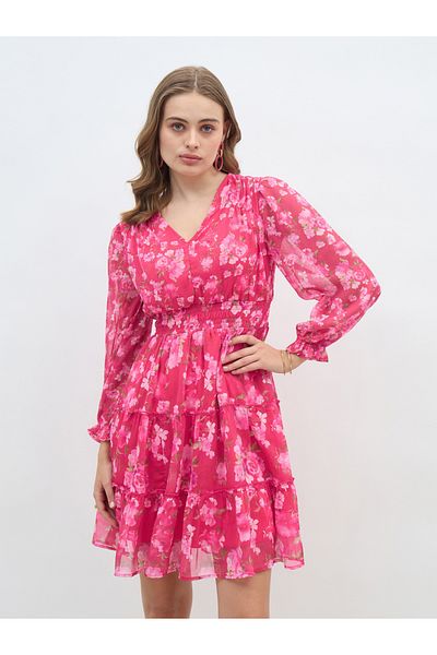 Styli All-Over Floral Print V Neck A-Line Knee Length Dress