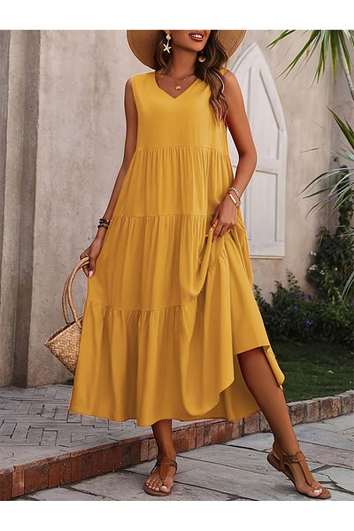 Take Two By Styli Solid V-Neck Ruffle Hem Midi Dress