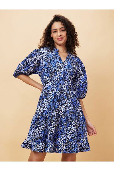 Globus By Styli Women Floral Print Puff Sleeves A-Line Mini Dress