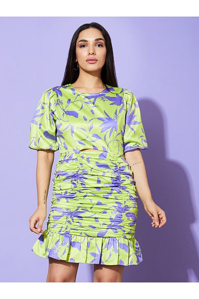 Globus By Styli Globus Women Green Floral Print Ruched Sheath Mini Dress