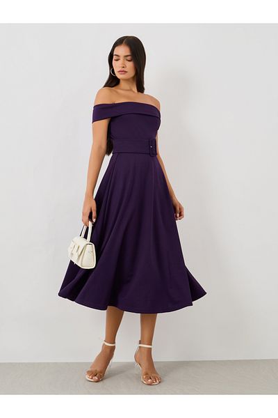 Styli Plain Off Shoulder A-Line Midi Dress with Fabric Belt