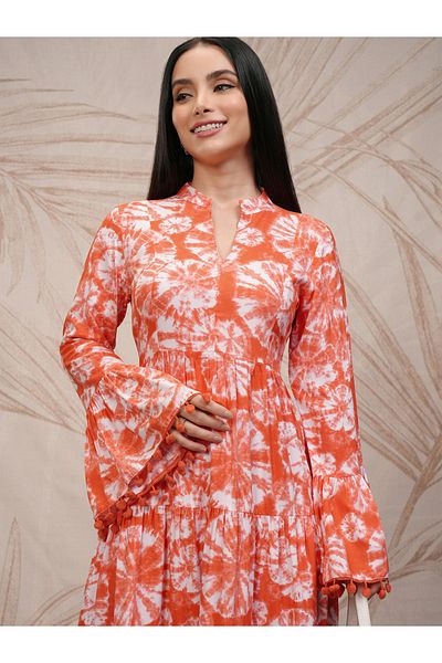 Vishudh By Styli Women Tie and Dye Printed A-Line Midi Dress with Pompom Detail