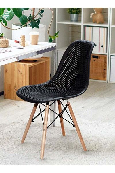 Taimi Pack of 4 Plastic Chair with Wooden Legs for Office Dining Kitchen Living Room Black 70x40x40cm
