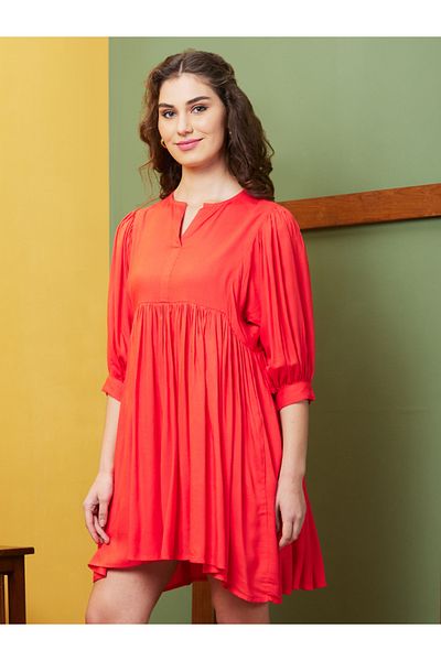 Globus By Styli Women Orange Solid Gathered A-Line Mini Dress