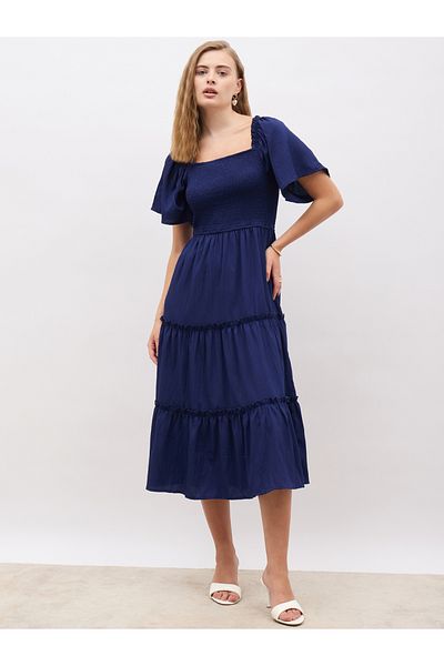 Styli Square Neck Smocked Tiered Midi Dress