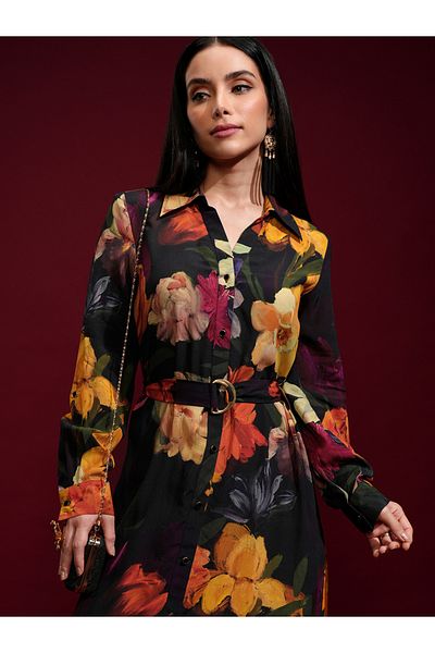 Vishudh By Styli Floral Printed Belted Shirt Midi Dress