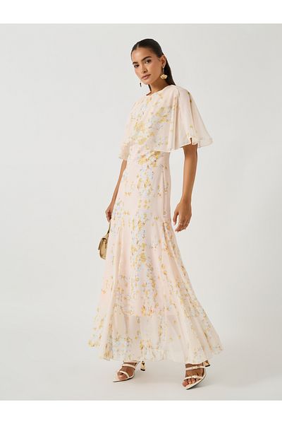 Styli Floral Print Cape Sleeve Maxi Dress