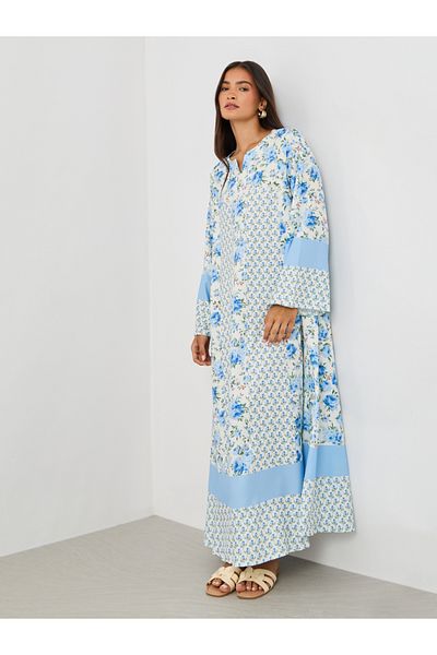Keenly By Styli All-Over Print Notch Neck Long Sleeve Jalabiya