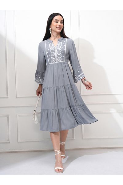 Vishudh By Styli Women Embroidered Long Sleeves A-Line Midi Dress